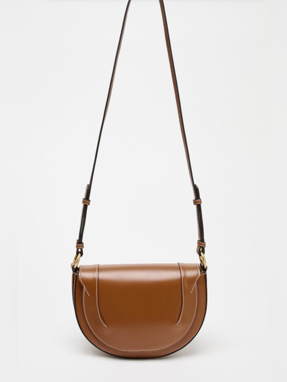 ZARA contrasting Topstitching Crossbody Bag Classic Brown Leather Saddle bag.